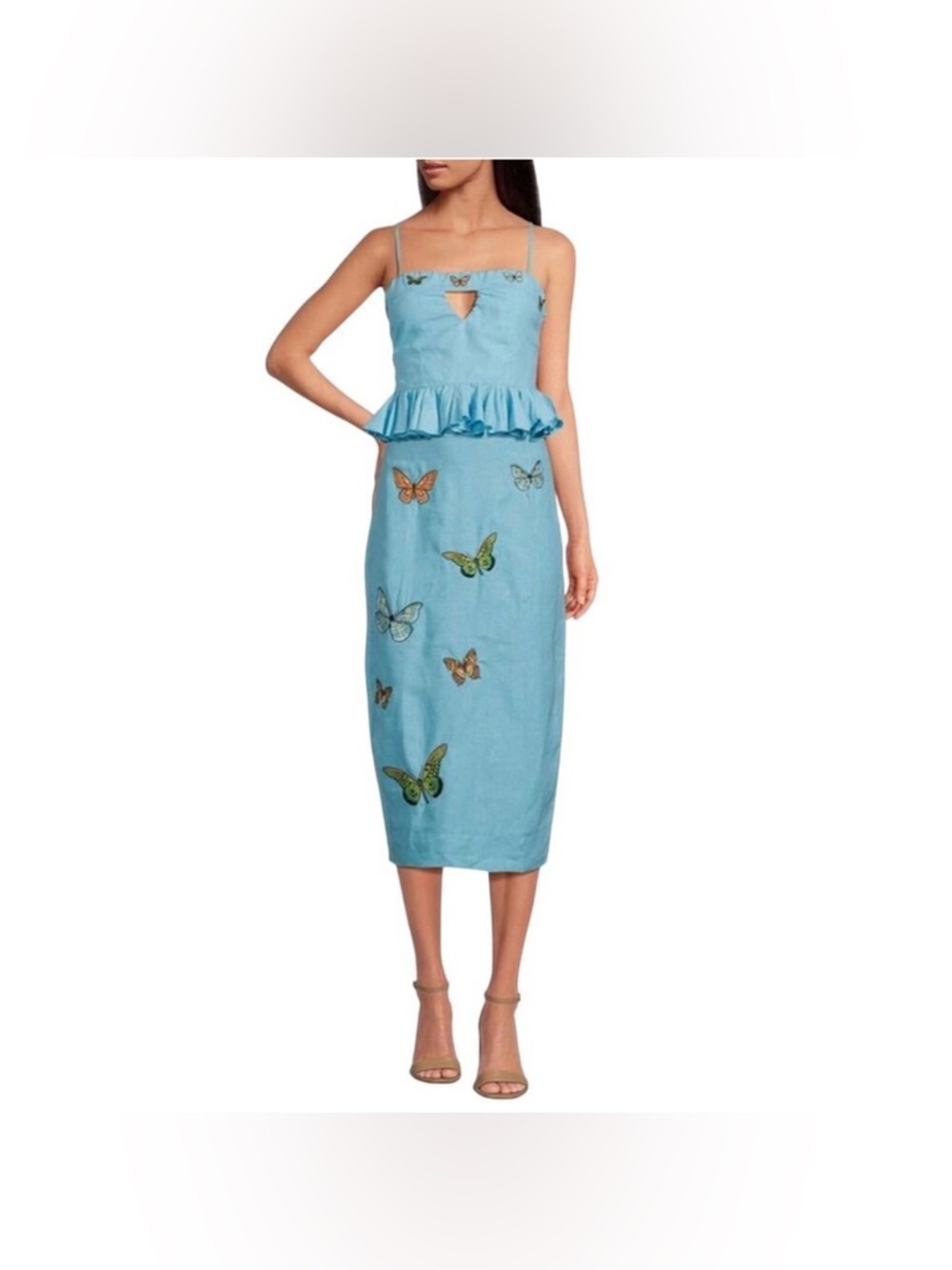 Fanm Mon Linen Blue Marion Arina Butterfly Linen Midi Pencil Skirt Top S/M